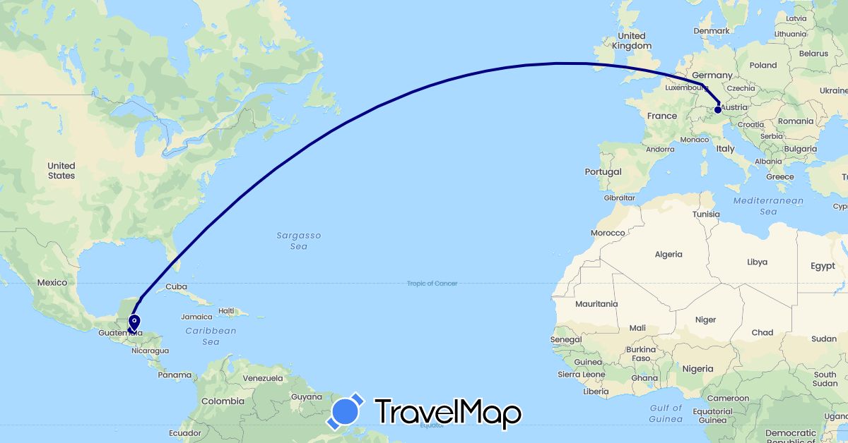 TravelMap itinerary: driving in Austria, Belize, Germany, Guatemala, Honduras, Mexico (Europe, North America)